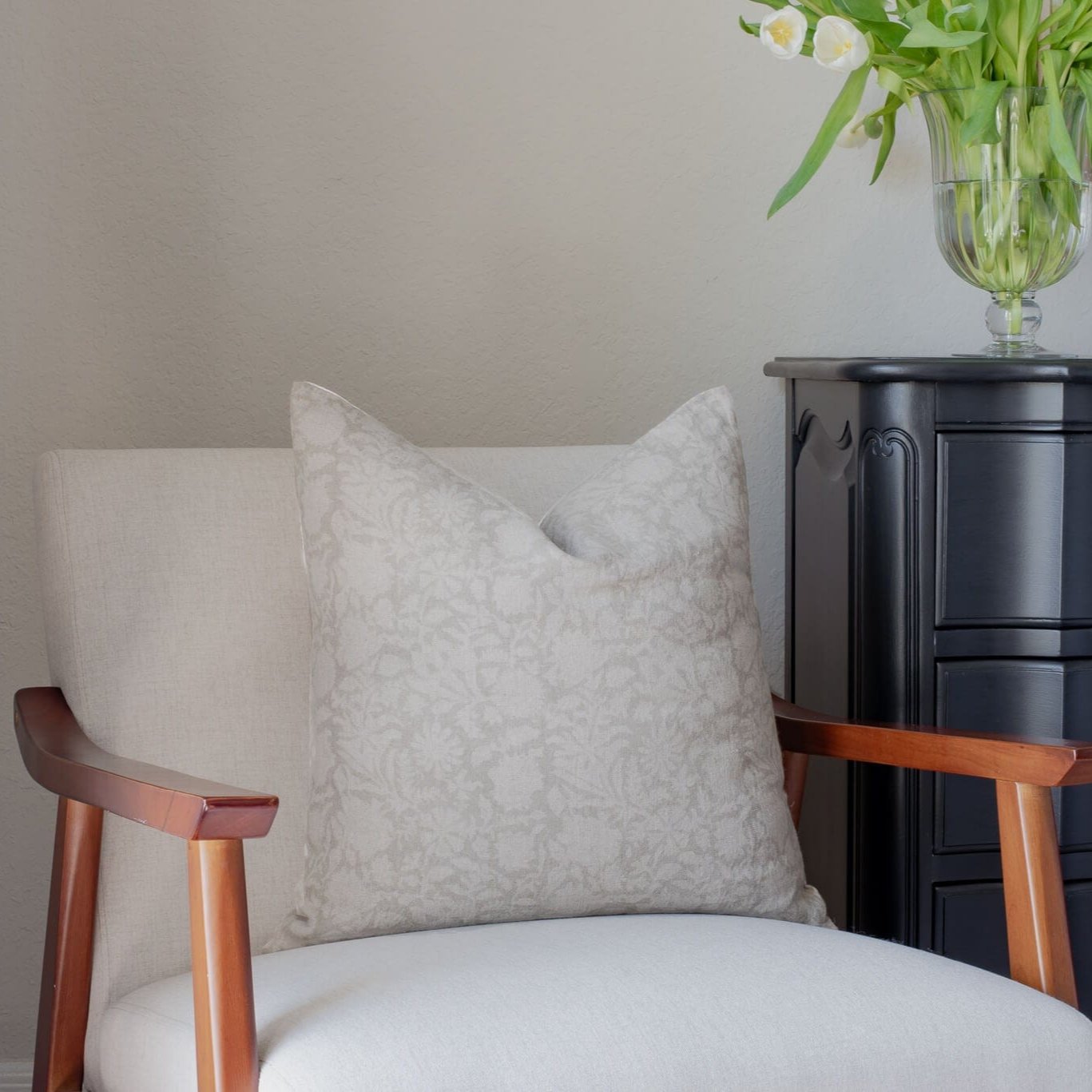 **FLAWED** Dahlia Floral Block Printed Pillow Cover | Greige