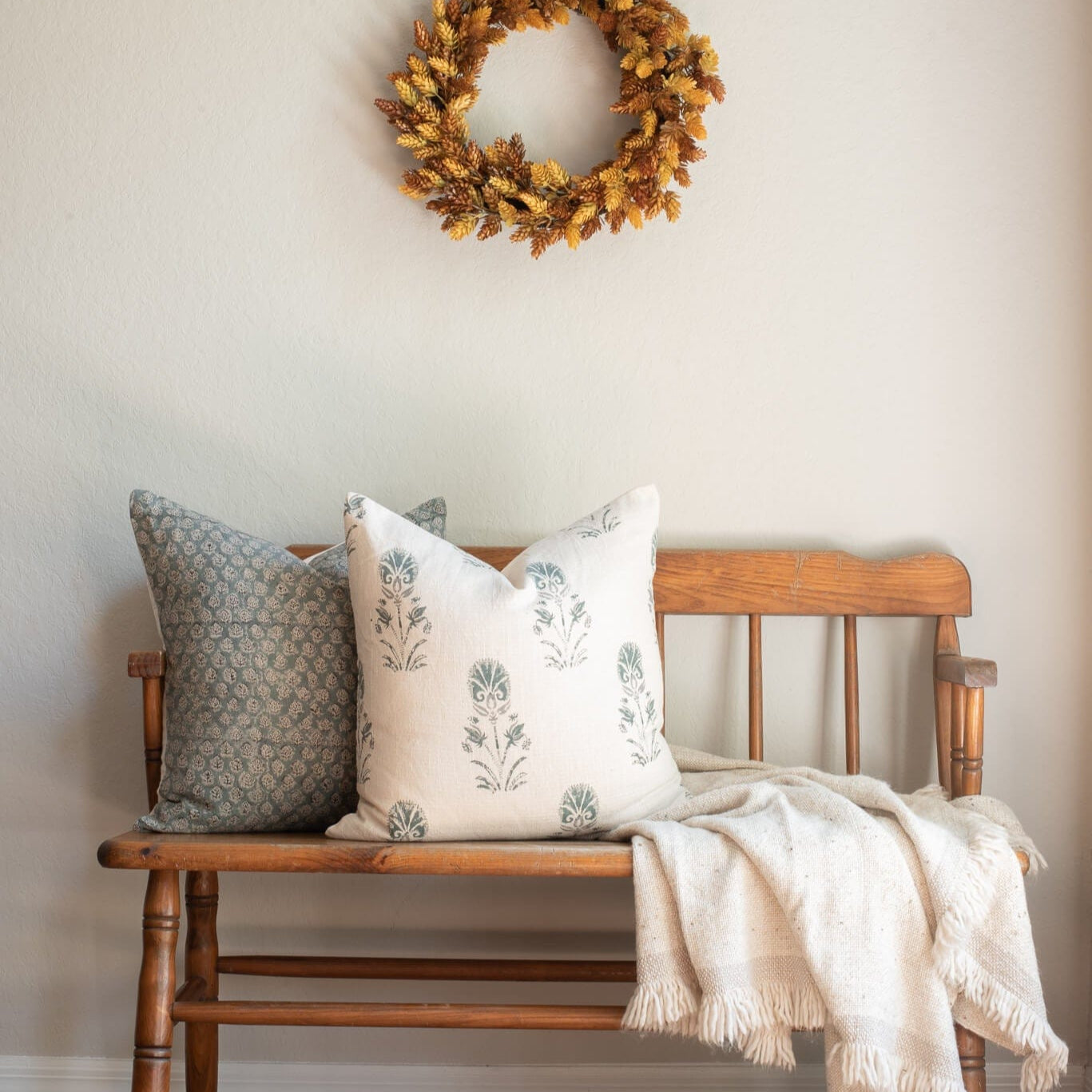 Luna Floral Block Printed Pillow Cover | Blue/Teal Green