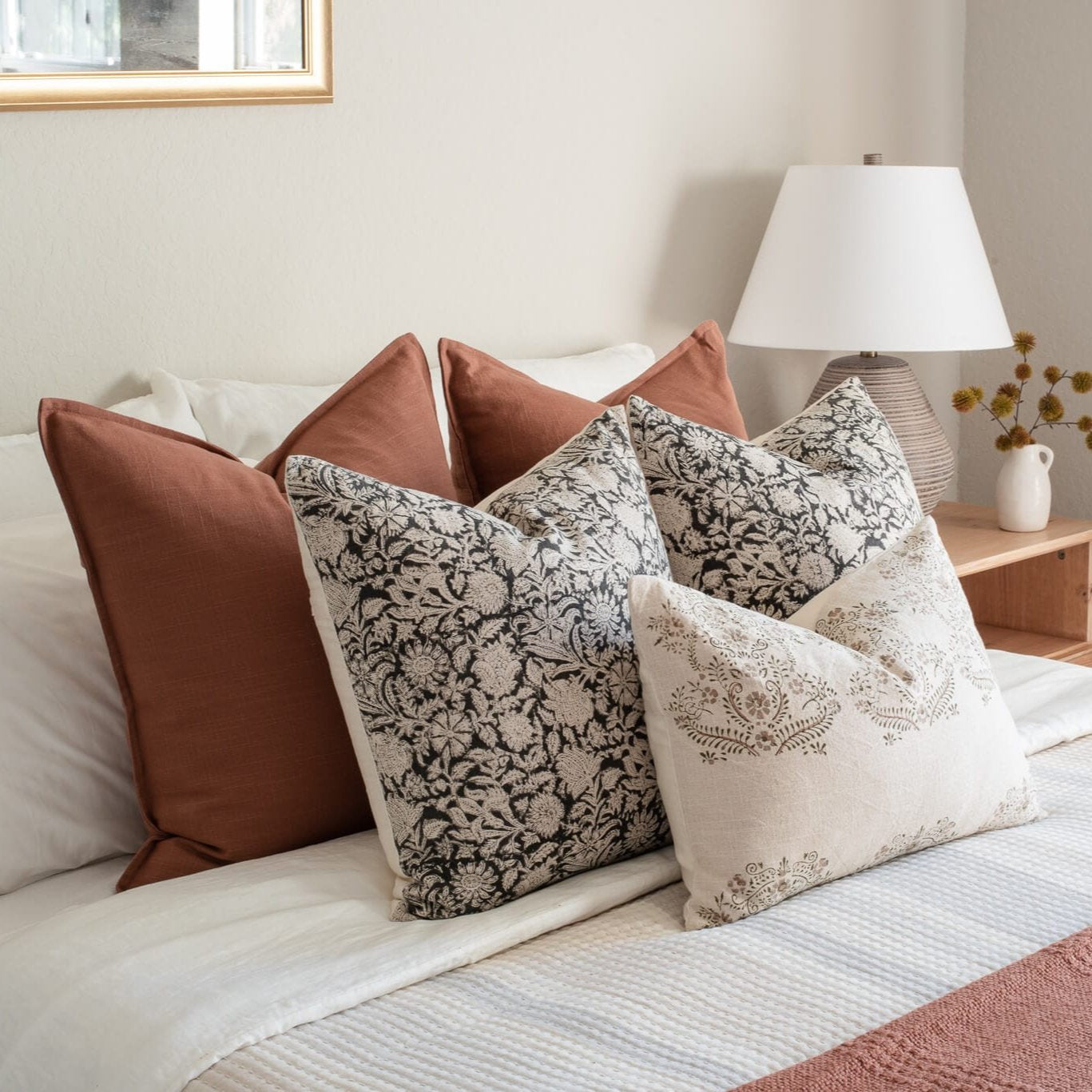 **FLAWED** Burgos Floral Block Printed Pillow Cover | Black