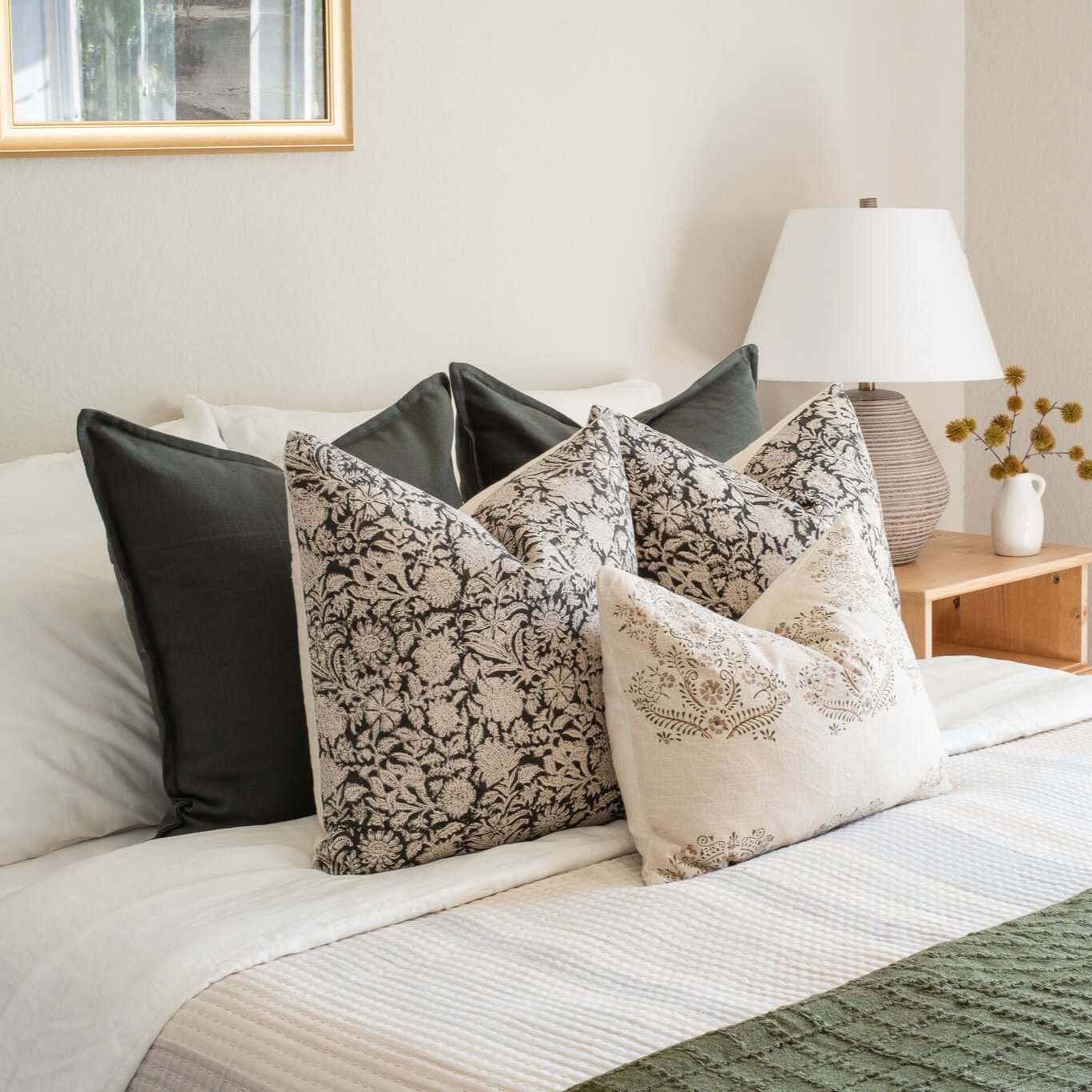 **FLAWED** Burgos Floral Block Printed Pillow Cover | Black