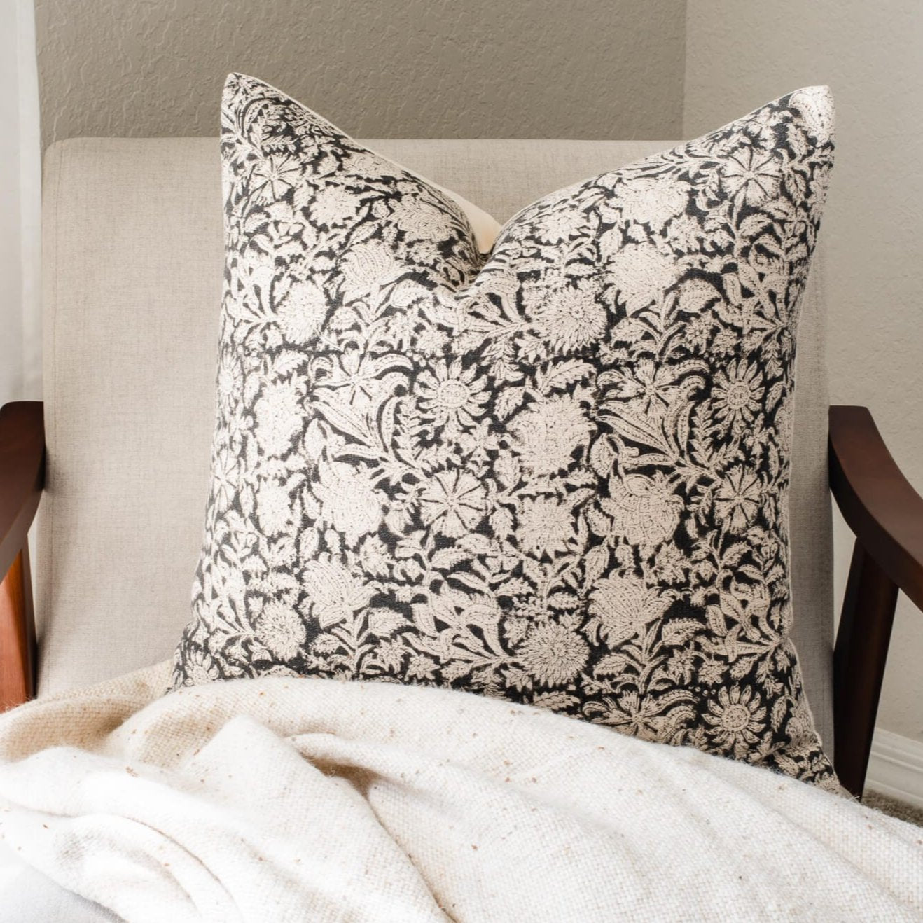 **FLAWED** Burgos Floral Block Printed Pillow Cover | Black