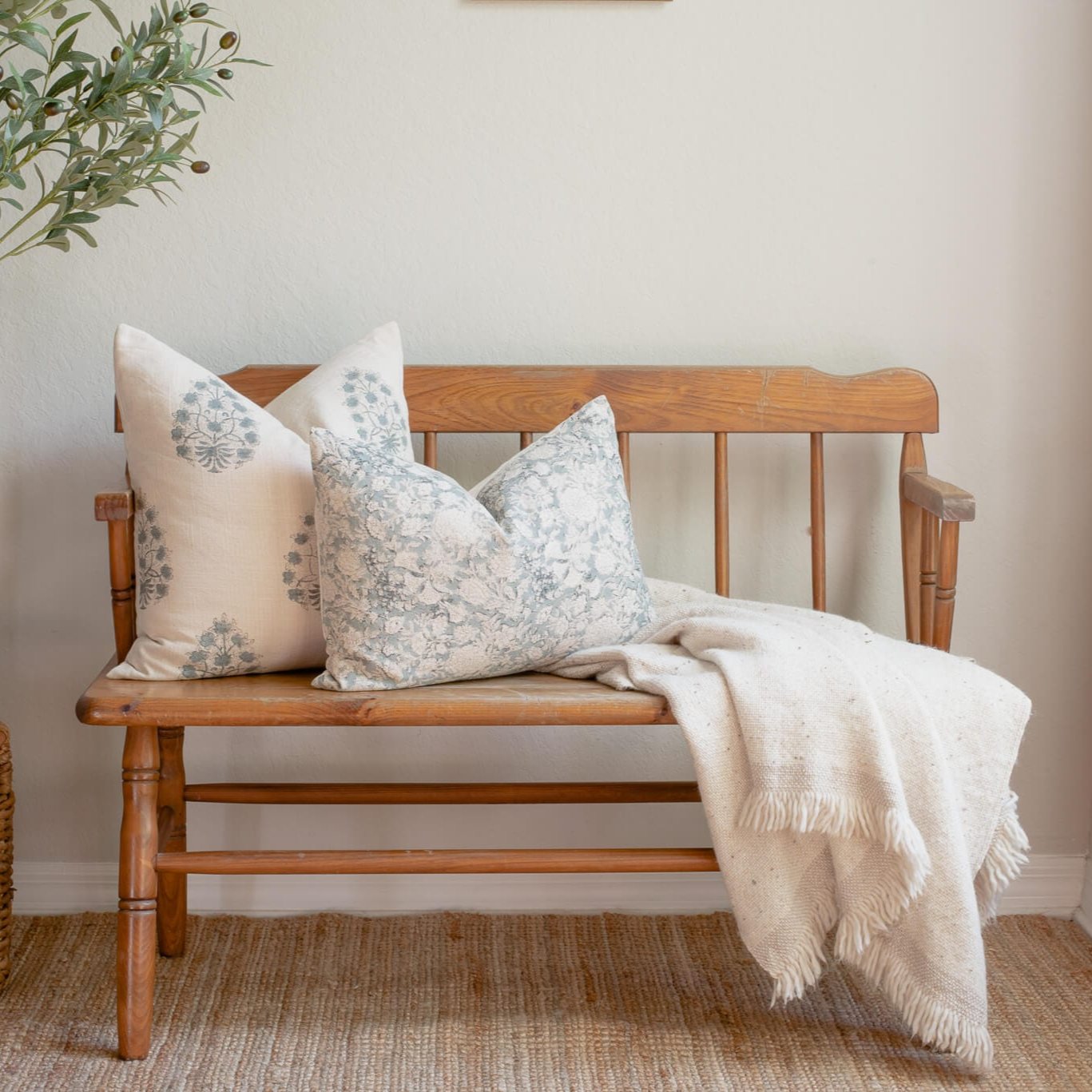 **FLAWED** Lighter Chloe Floral Block Printed Pillow Cover | Blue | Lumbar