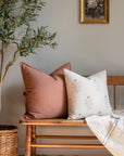 Ella Floral Block Printed Pillow Cover | Light Brown + Terracotta Detail