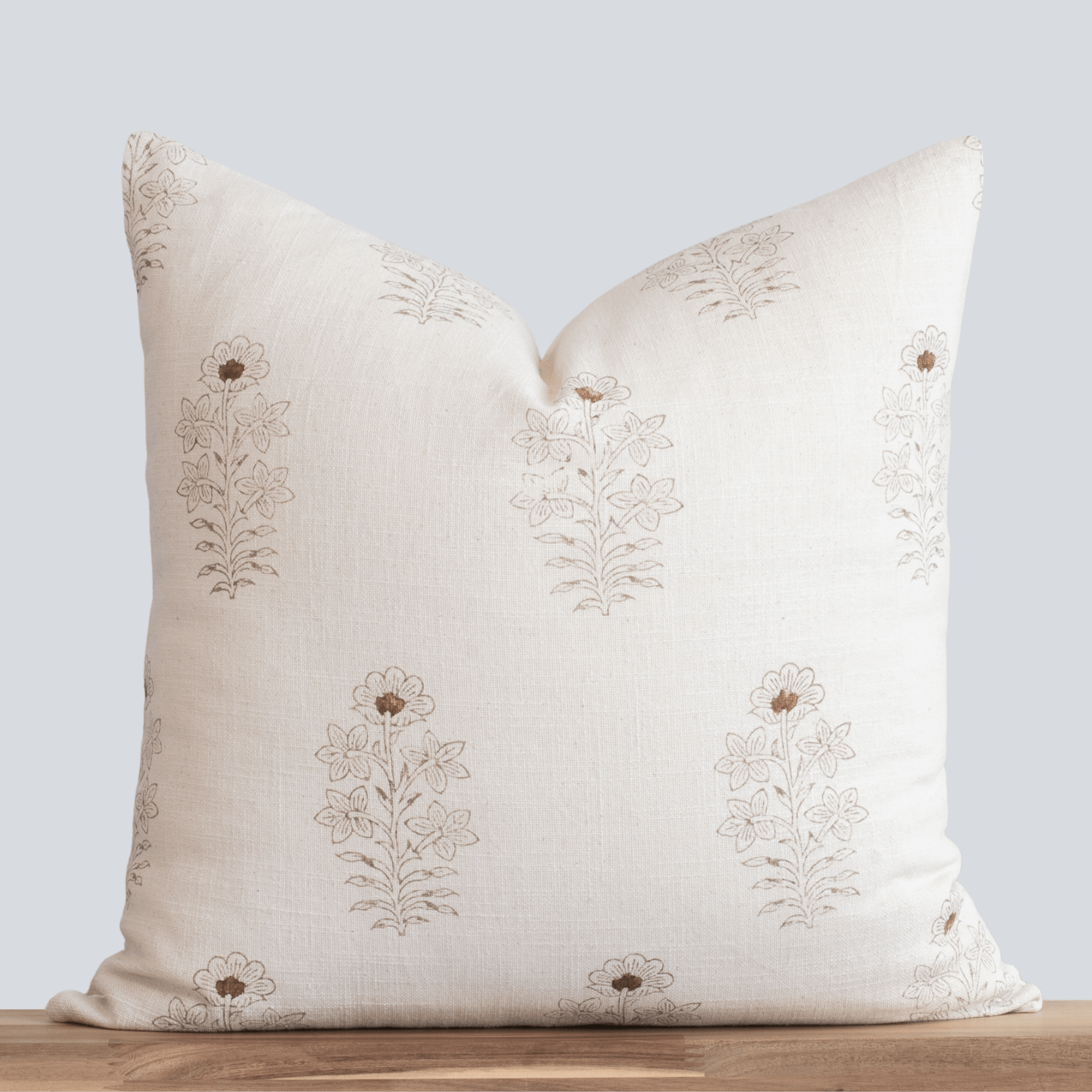 Ella Floral Block Printed Pillow Cover Light Brown Terracotta Detail