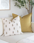 Marla Floral Block Printed Pillow Cover | Blue and Mustard 20'' x 20'' Pillow Cover Only
