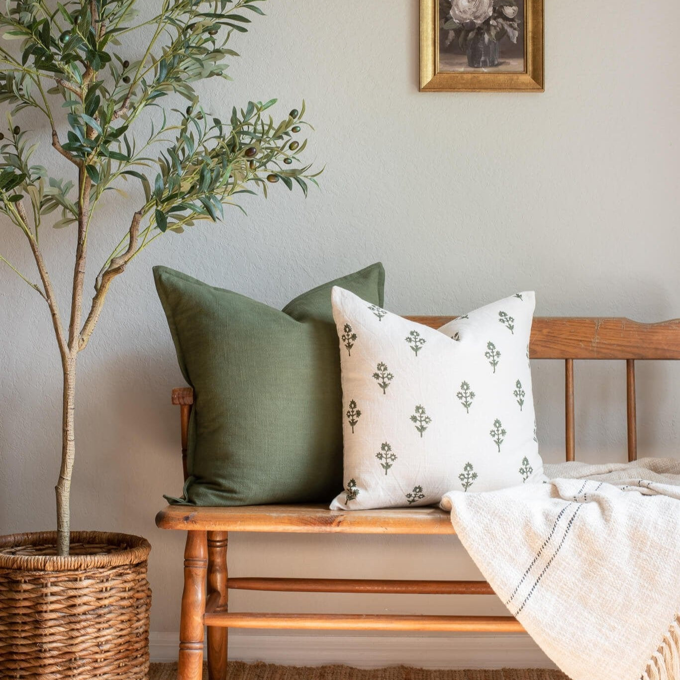 Mia Floral Block Printed Pillow Cover | Forest Green