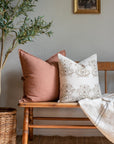 Pilar Floral Block Printed Pillow Cover | Olive, Light Brown, Tan