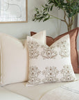 Pilar Floral Block Printed Pillow Cover | Olive, Light Brown, Tan