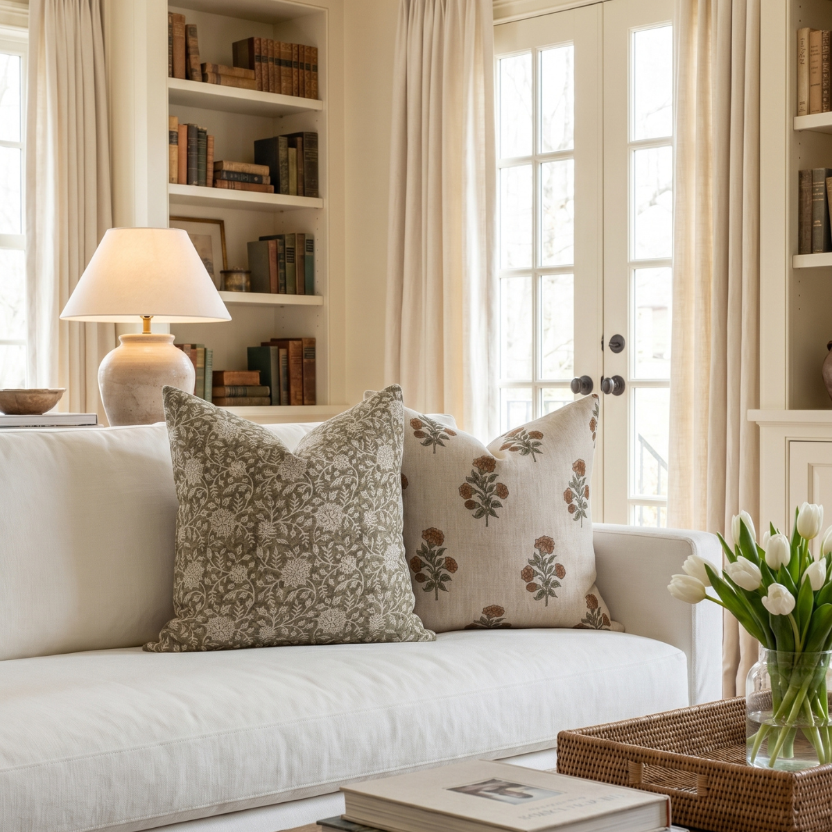 Modern farmhouse living room featuring block printed pillows