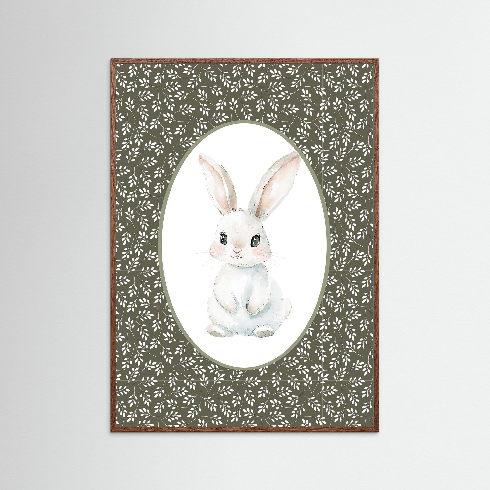 Bunny Green Botanical Art Print | Children's Room &amp; Nursery Wall Art Oak Dark No border