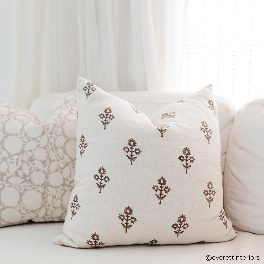 Mia Floral Block Printed Pillow Cover | Brown