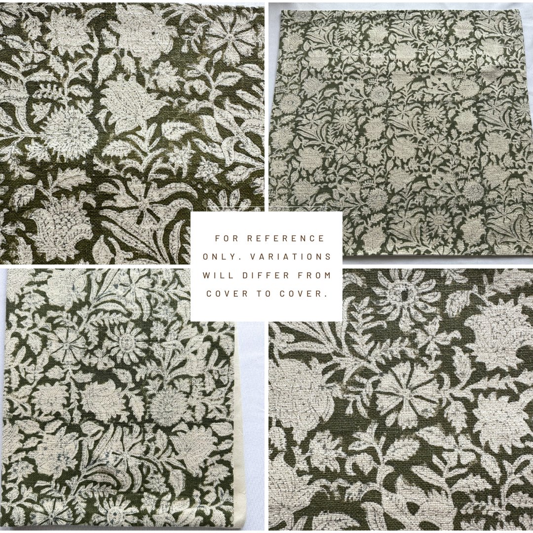 ** ARTISAN VARIATION ** Jardim Floral Block Printed Pillow Cover | Olive Green | Lumbar