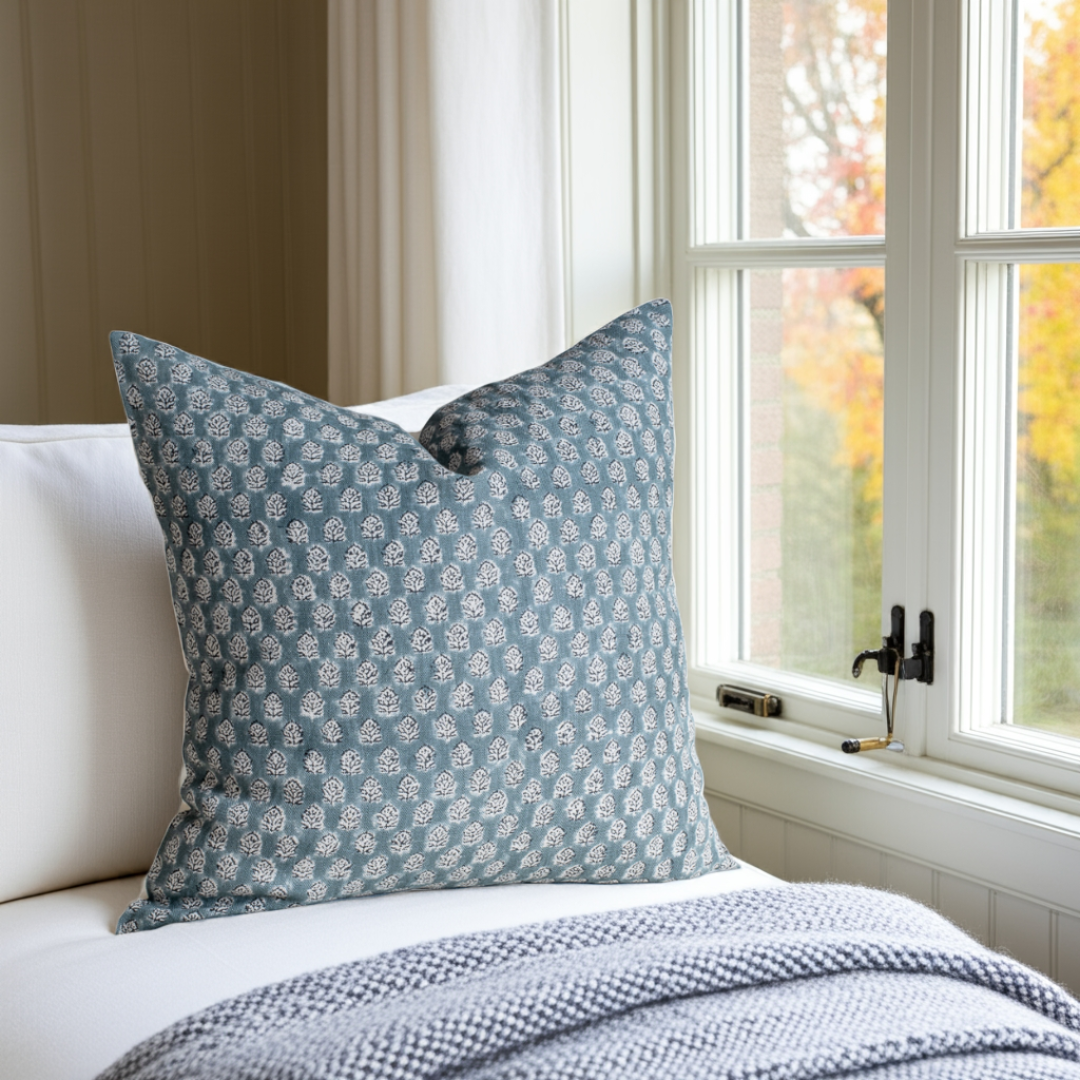 Luna Floral Block Printed Pillow Cover | Blue/Teal Green