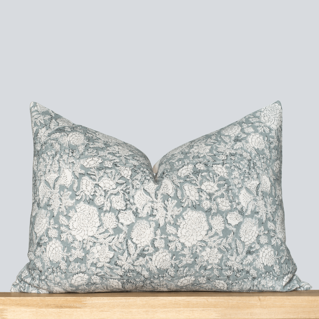 Chloe Floral Block Printed Pillow Cover | Blue | Lumbar