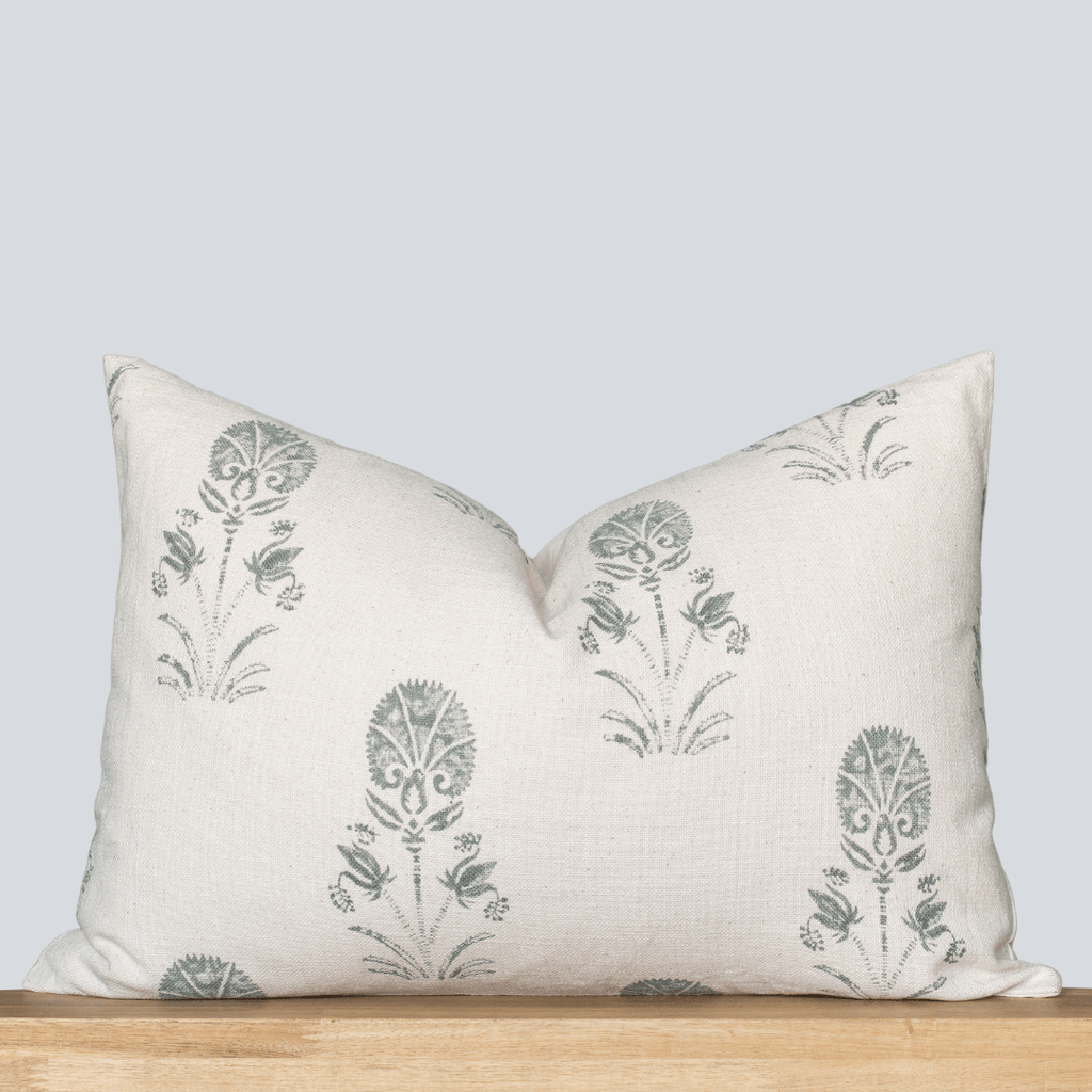 Devi Floral Block Printed Pillow Cover Teal Green/Blue Lumbar Apartment No.3