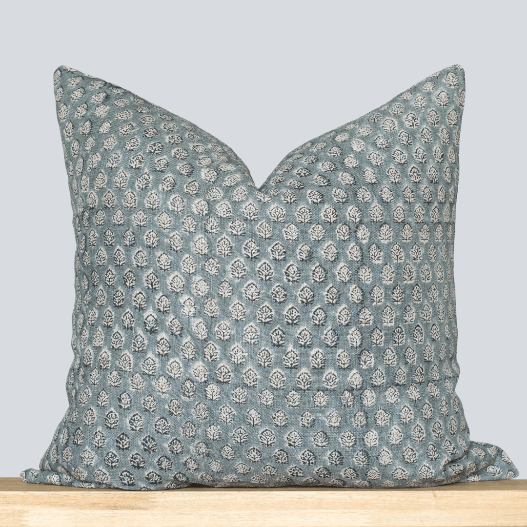 Luna Floral Block Printed Pillow Cover | Blue