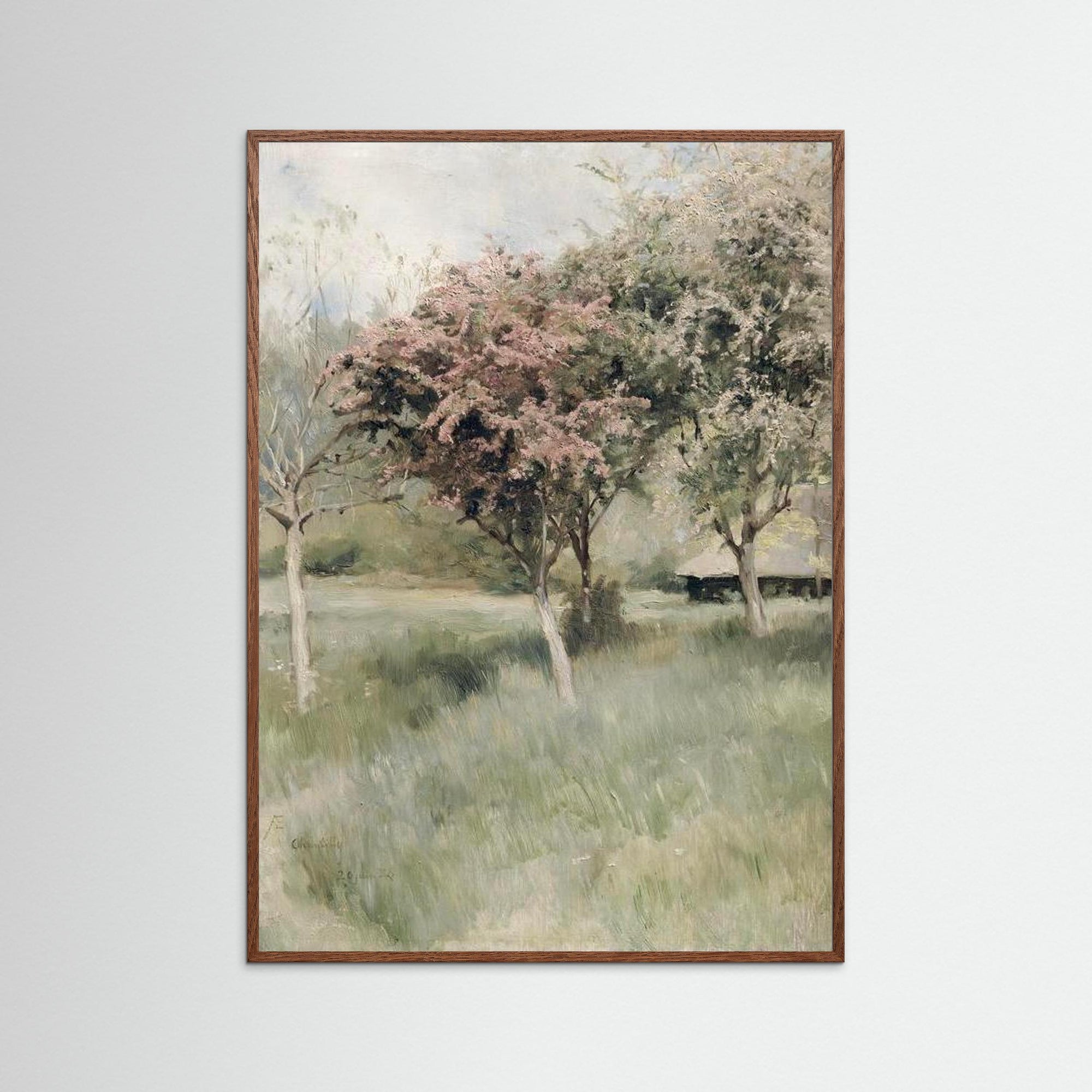 Antique Blossom Tree Field Vintage Wall Art Oak Dark No border