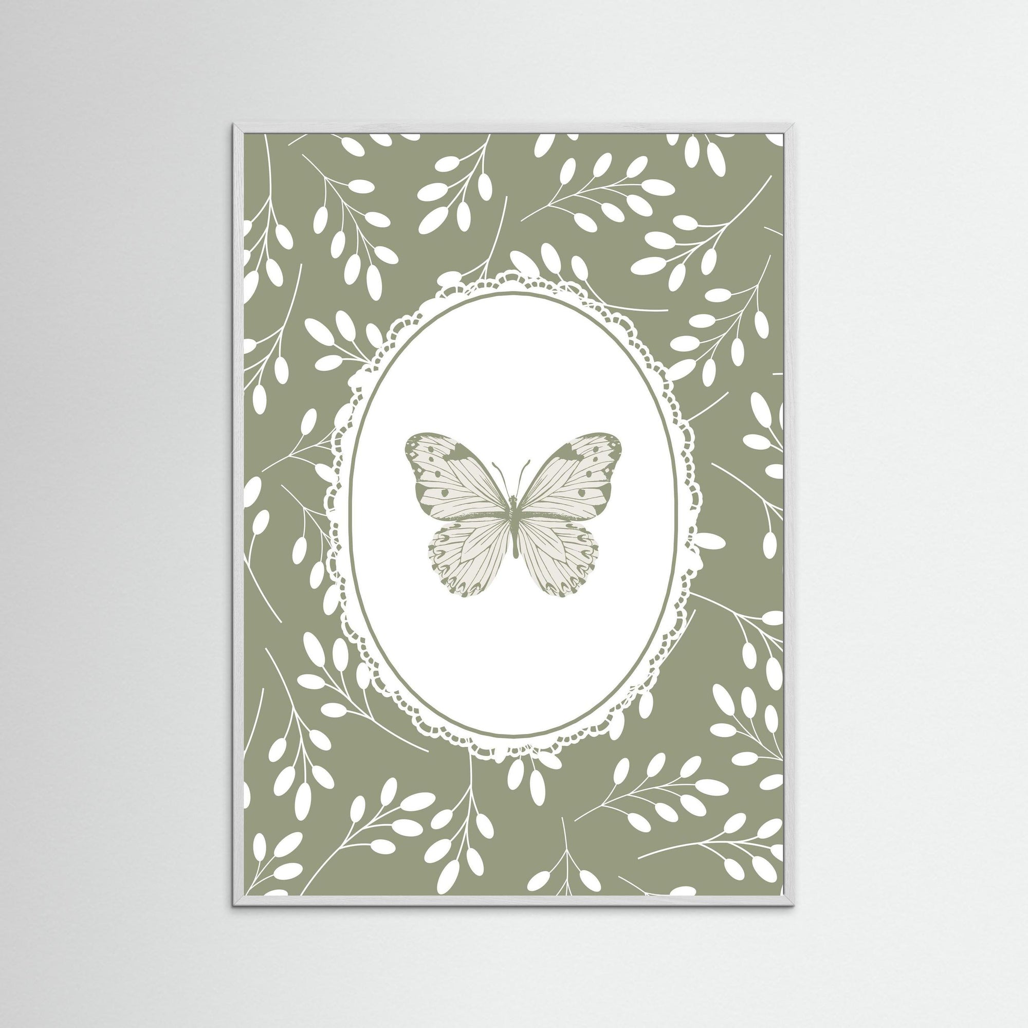 Green Butterfly Botanical Art Print | Children's Room Decor White Wood No border