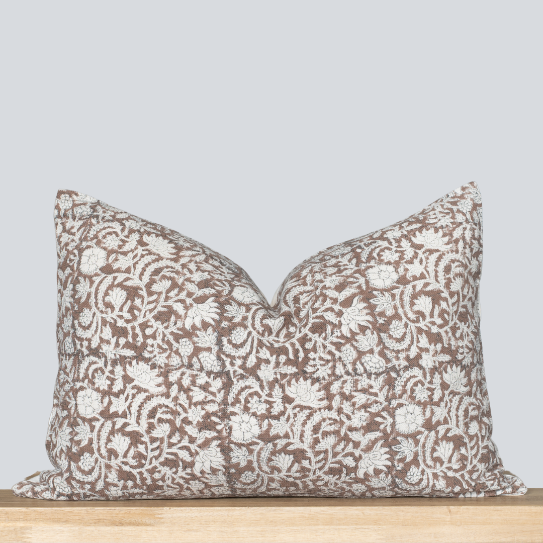 Nina Floral Block Printed Pillow Cover | Brown | Lumbar