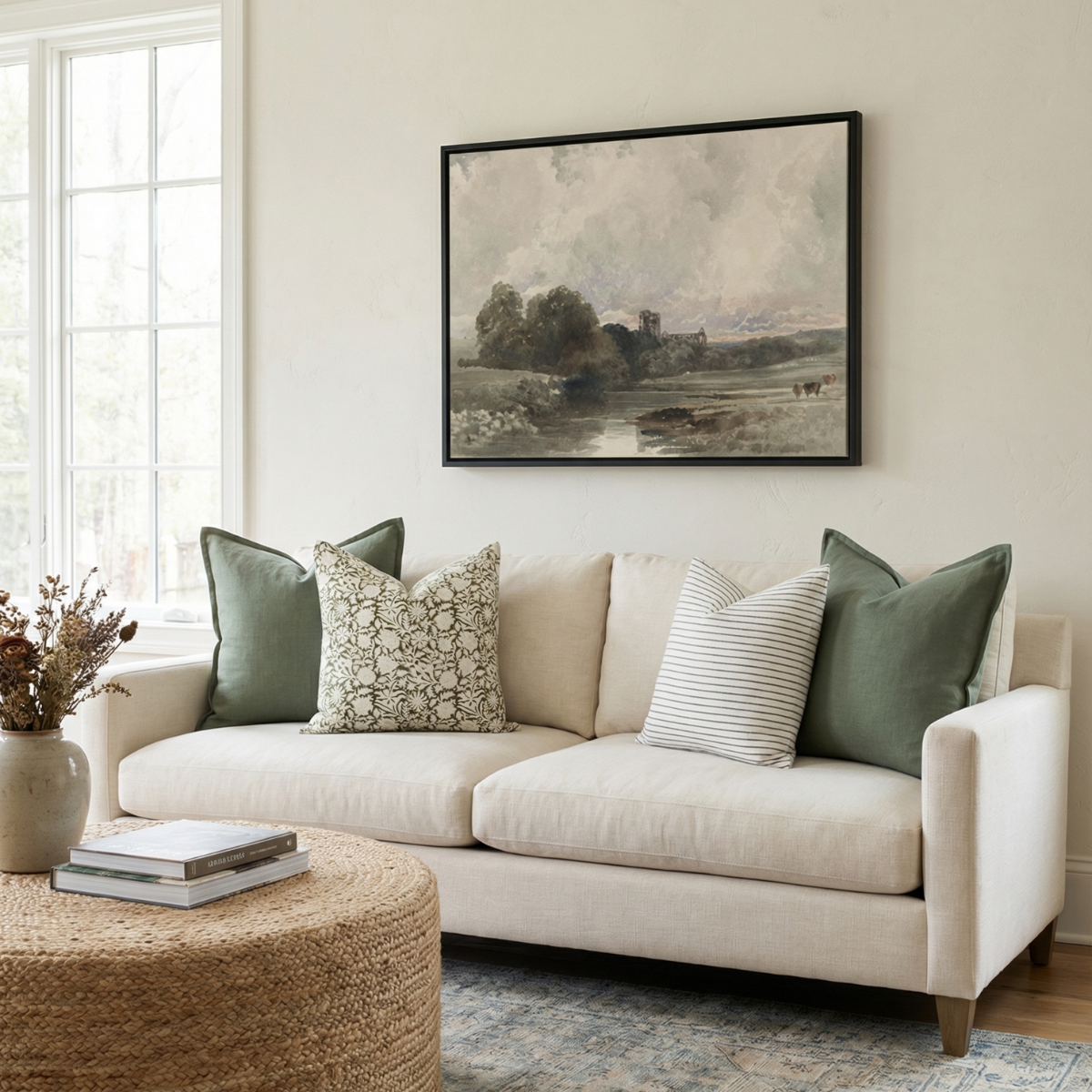 Neutral Creek Landscape Canvas Wall Art | Serene Countryside Nature Artwork