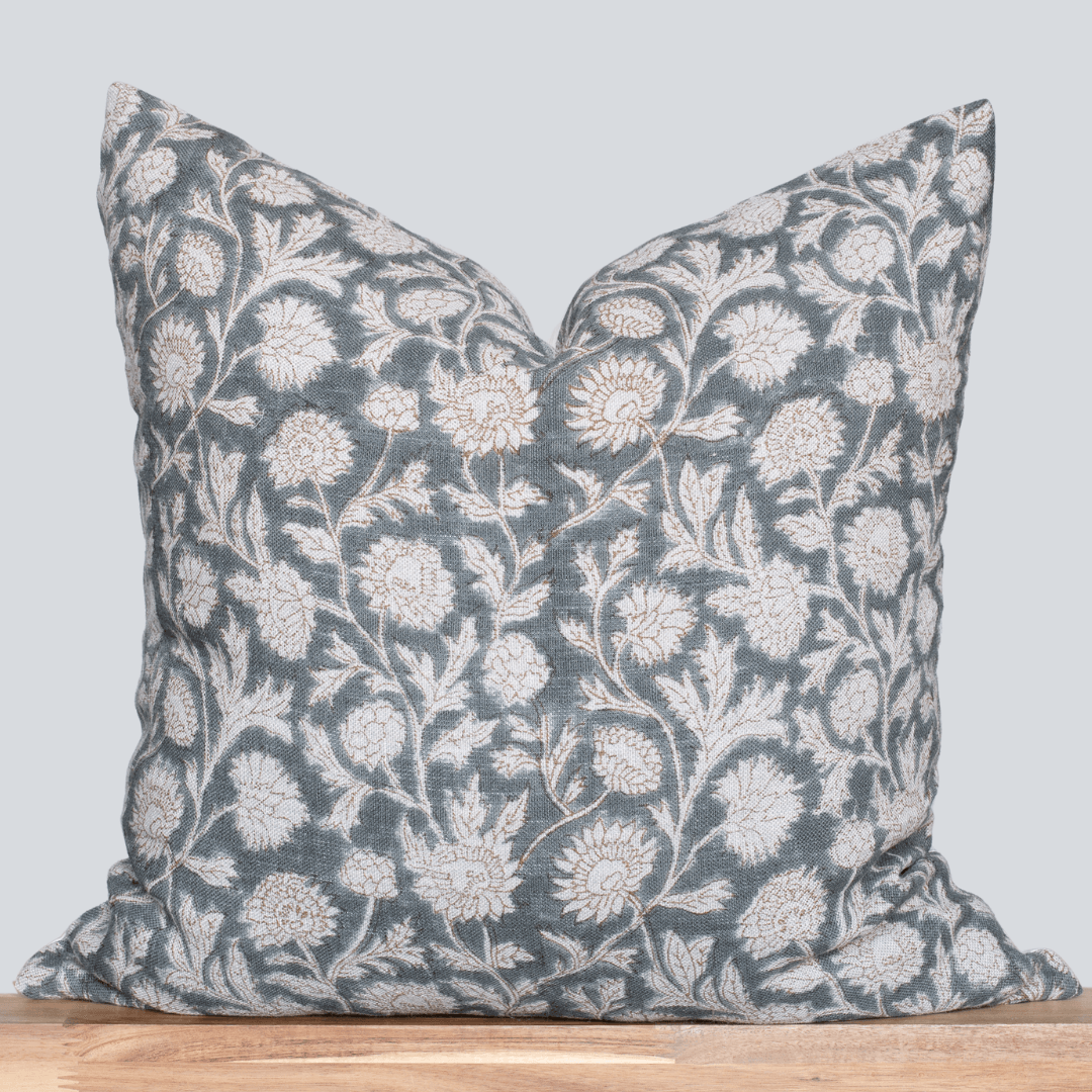 Estelle Floral Block Printed Pillow Cover | Blue, Mustard 20'' x 20'' Pillow Cover Only