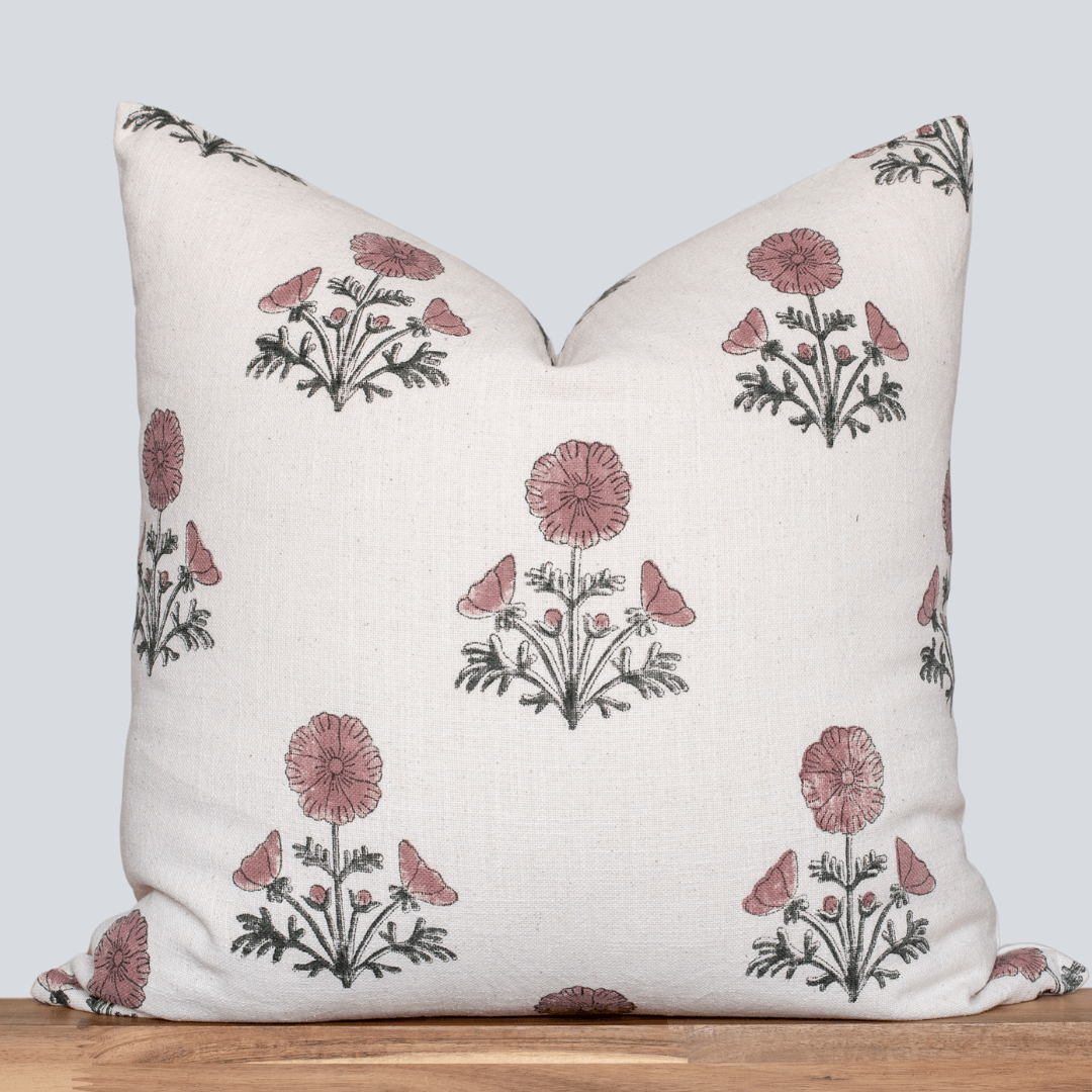 Lina Floral Block Printed Pillow Cover | Rouge, Green 20'' x 20'' Pillow Cover Only