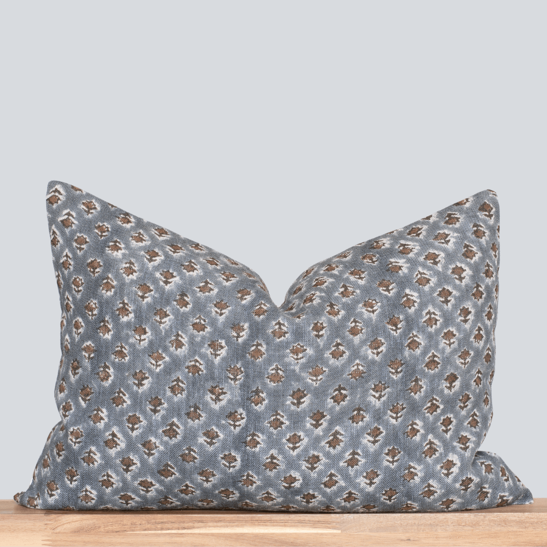 Aster Floral Block Printed Pillow Cover | Blue, Brown | Lumbar 14'' x 20'' Pillow Cover Only