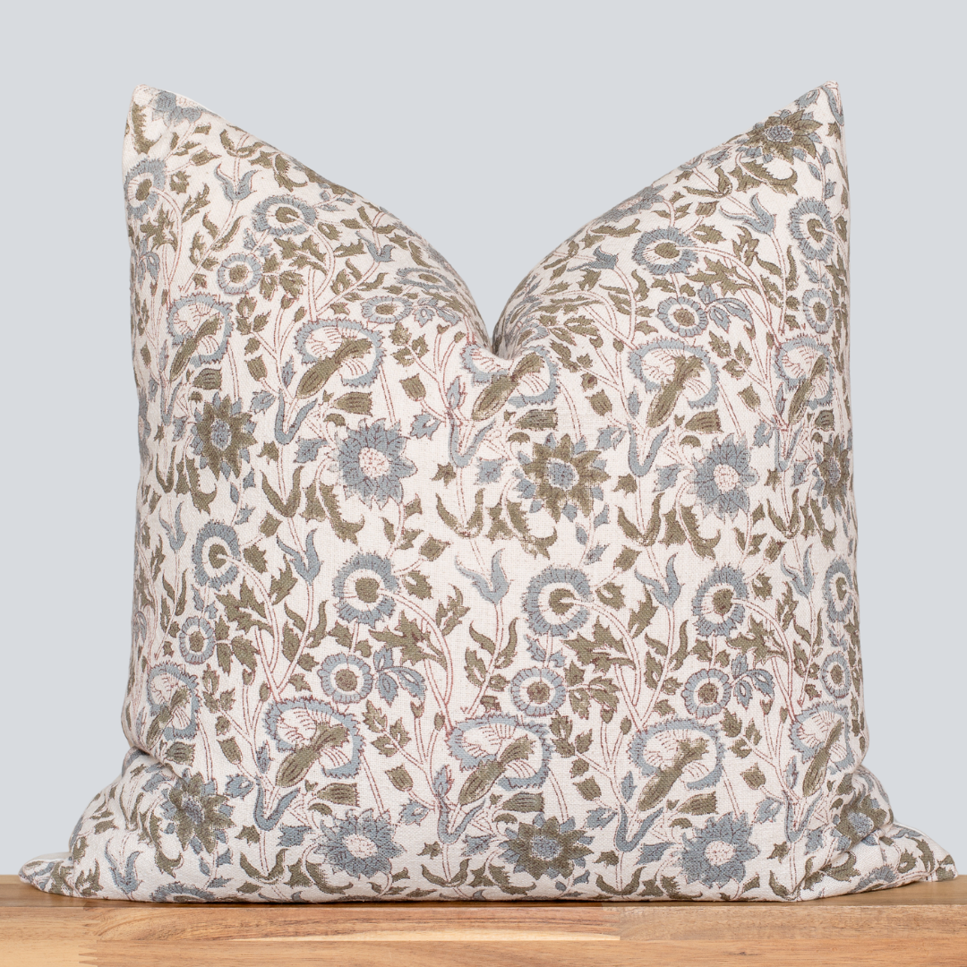 Mirelle Floral Block Printed Pillow Cover | Blue, Green, Burgundy 20'' x 20'' Pillow Cover Only