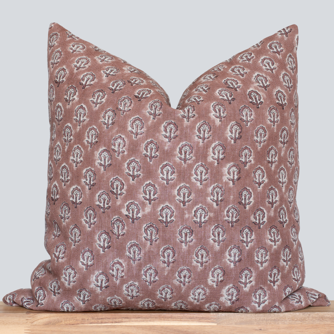 Kay Floral Block Printed Pillow Cover | Rust 20'' x 20'' Pillow Cover Only