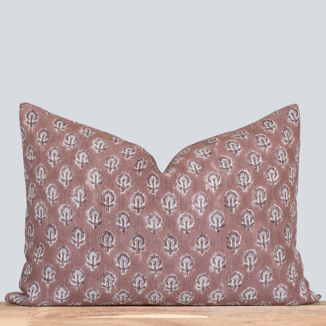 Kay Floral Block Printed Pillow Cover | Rust | Lumbar 14'' x 20'' Pillow Cover Only