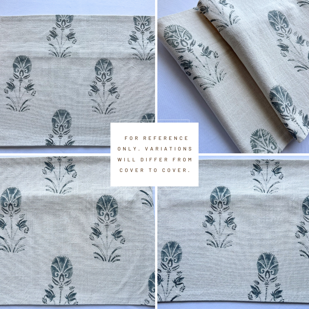 ** ARTISAN VARIATION ** Devi Floral Block Printed Pillow Cover | Teal Green/Blue | Lumbar