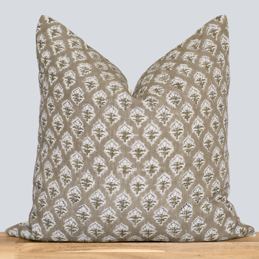 Rhea Floral Block Printed Pillow Cover | Mustard 20'' x 20'' Pillow Cover Only