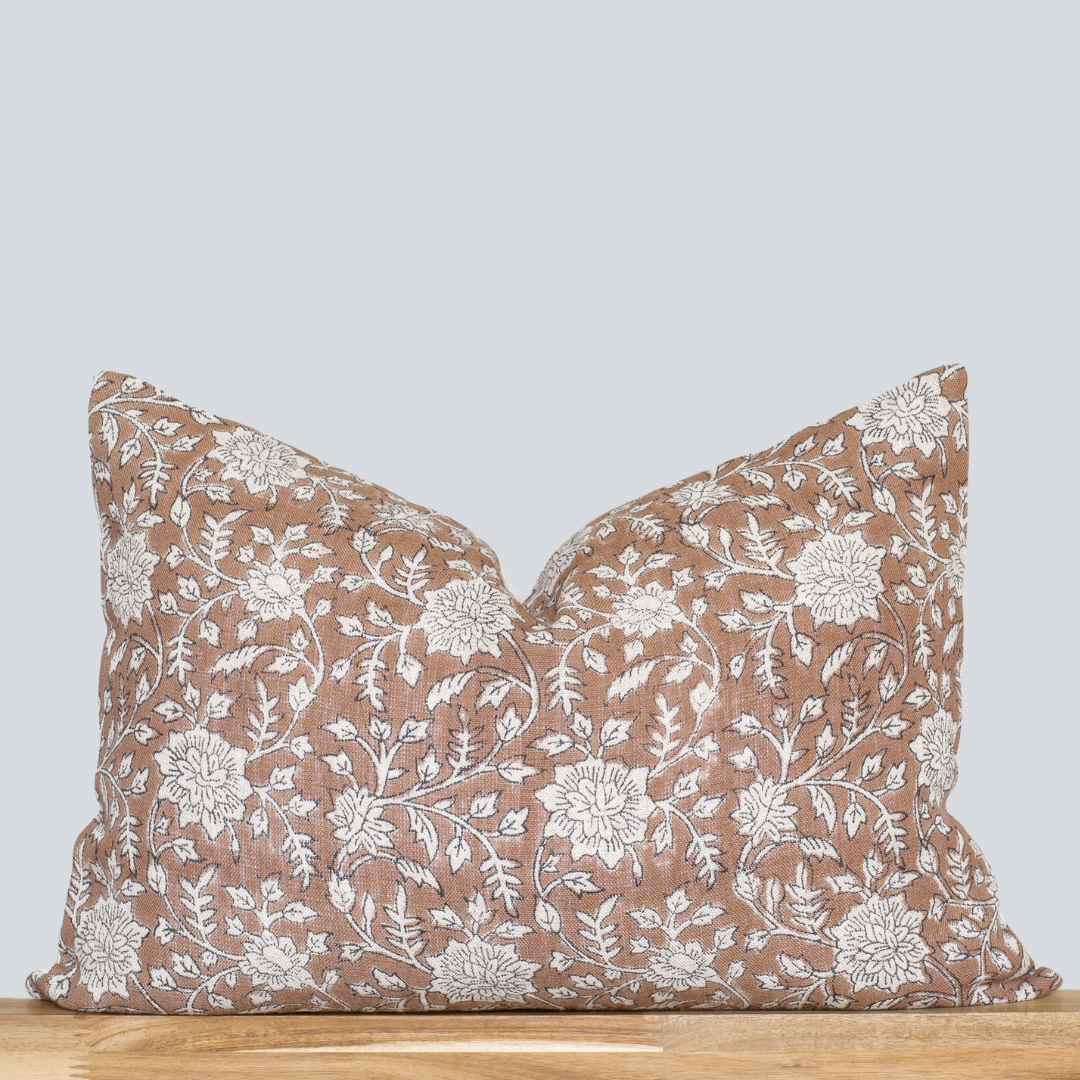Greta Floral Block Printed Pillow Cover | Brown | Lumbar