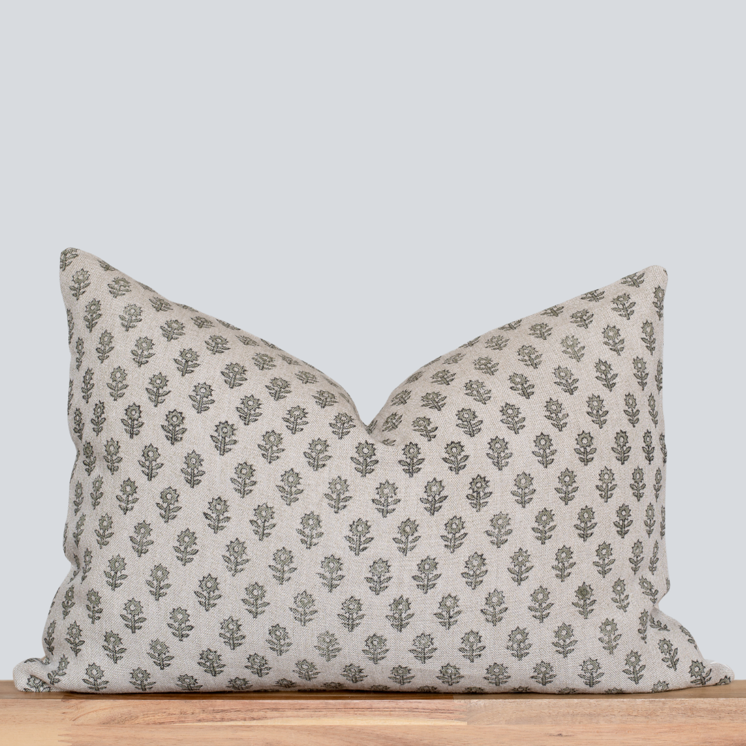 ** FINAL PIECES ** Mori Floral Block Printed Pillow Cover | Sage Green | Lumbar
