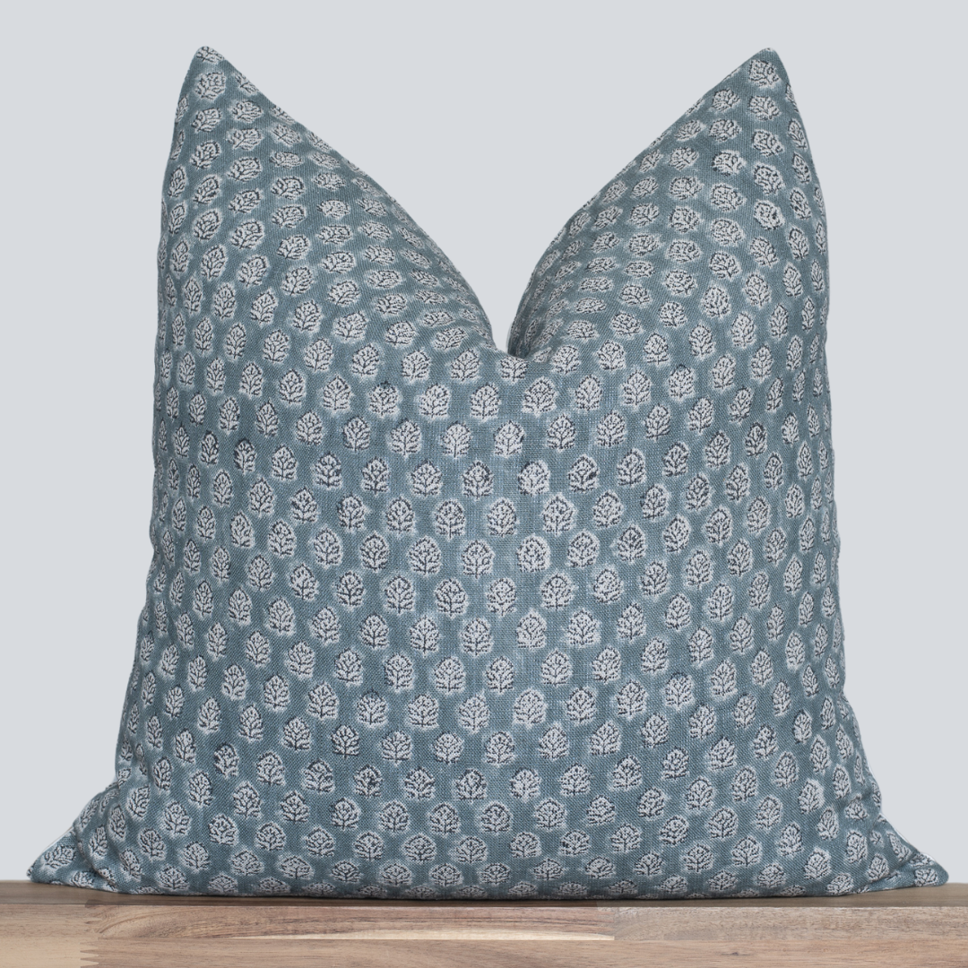 Luna Floral Block Printed Pillow Cover | Blue/Teal Green