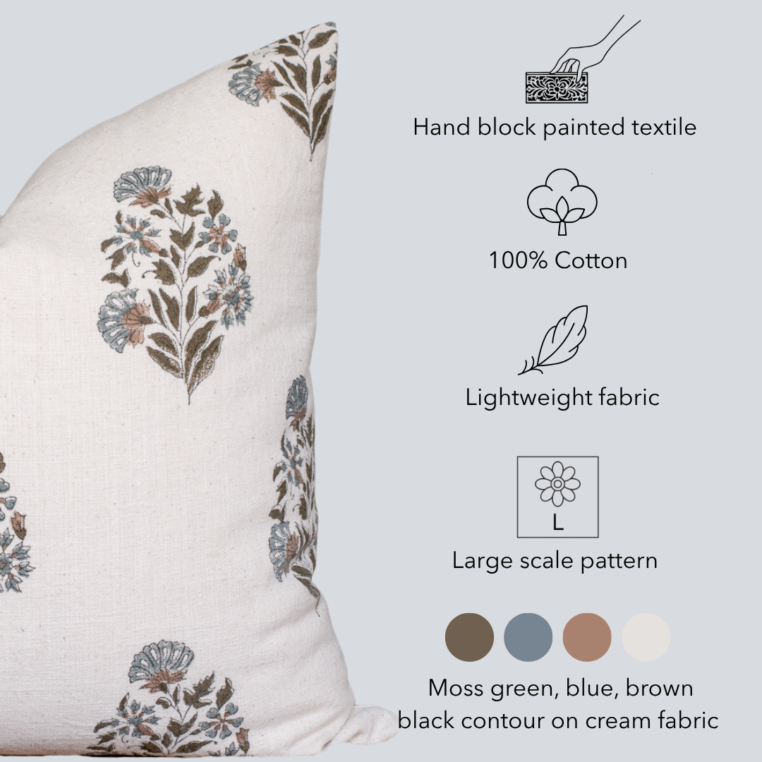 Briar Floral Block Printed Pillow Cover | Blue, Brown, Green
