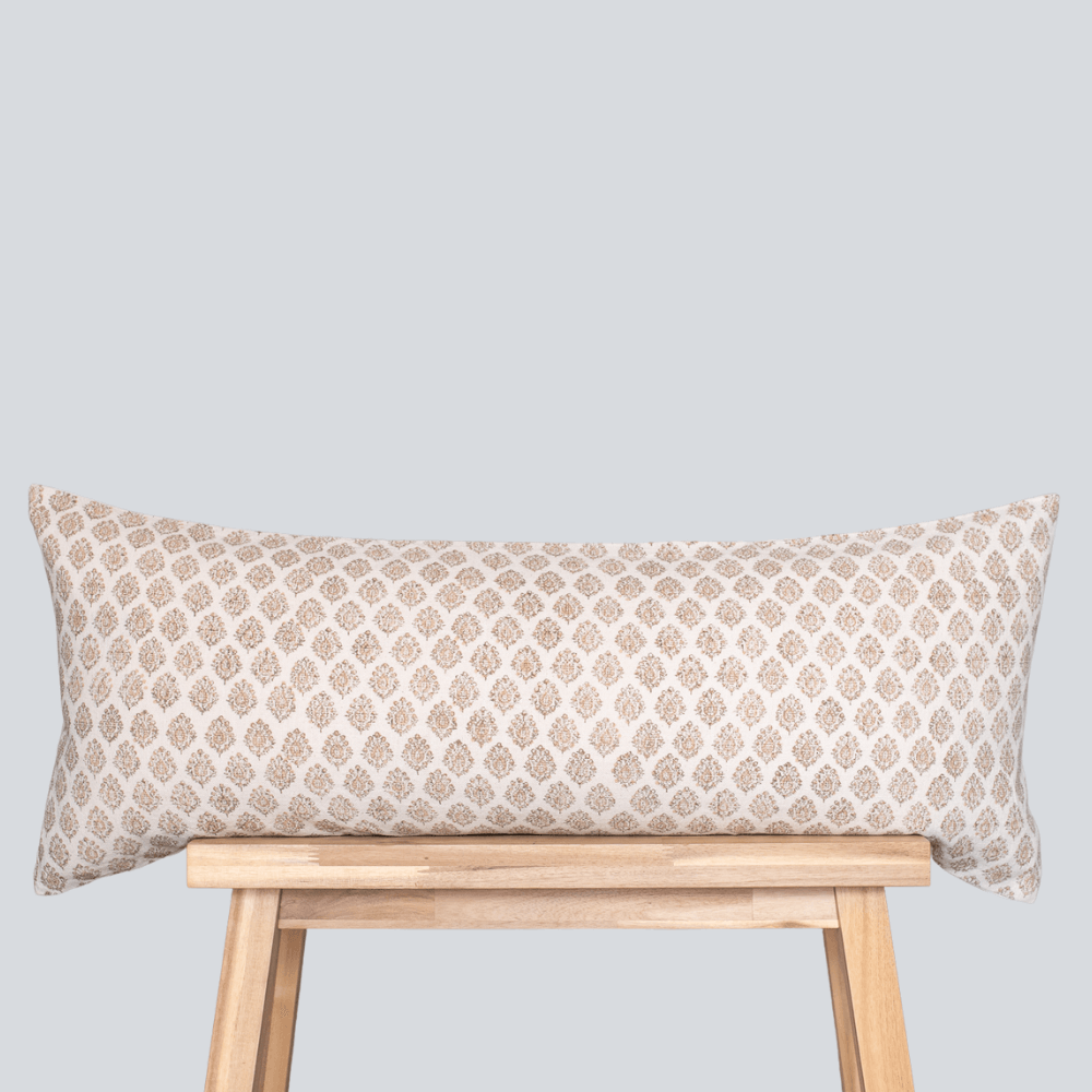 Marie Floral Block Printed Pillow Cover | Brown Peach/Salmon | Lumbar