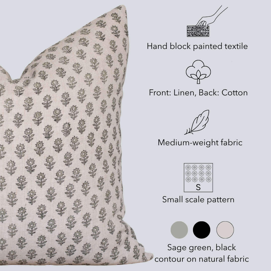 Mori Block Printed Pillow Cover | Sage Green