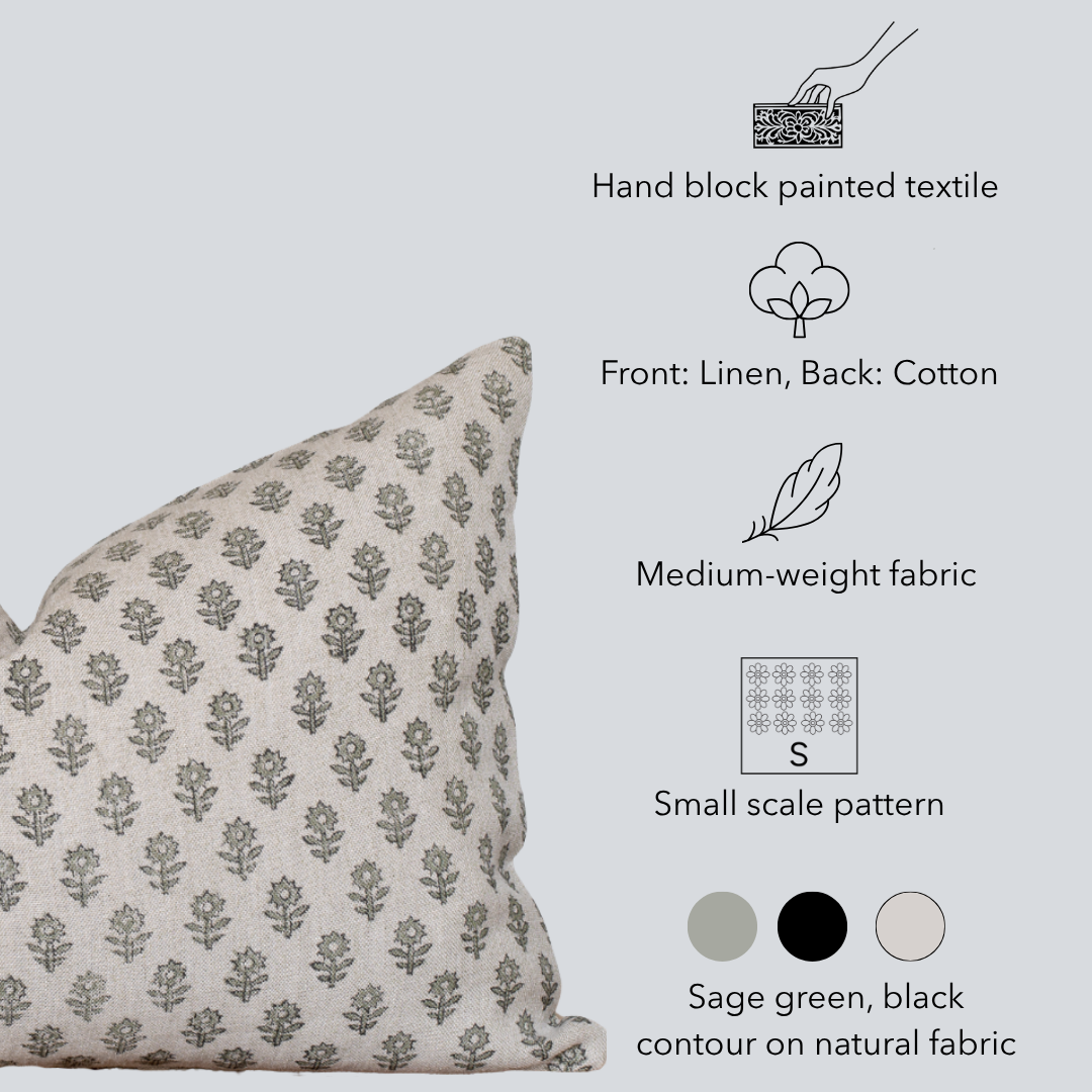 Mori Floral Block Printed Pillow Cover | Sage Green | Lumbar
