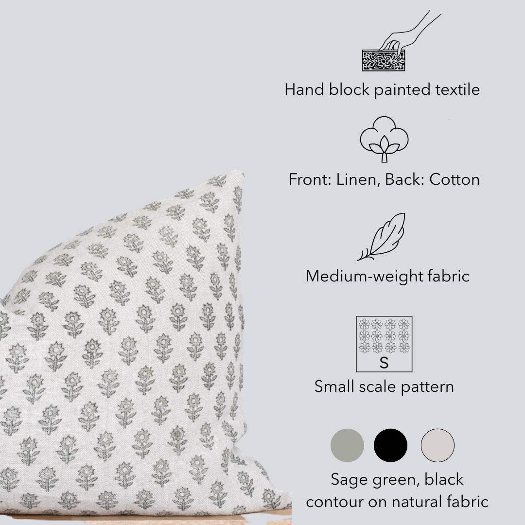Mori Floral Block Printed Pillow Cover | Sage Green | Long Lumbar