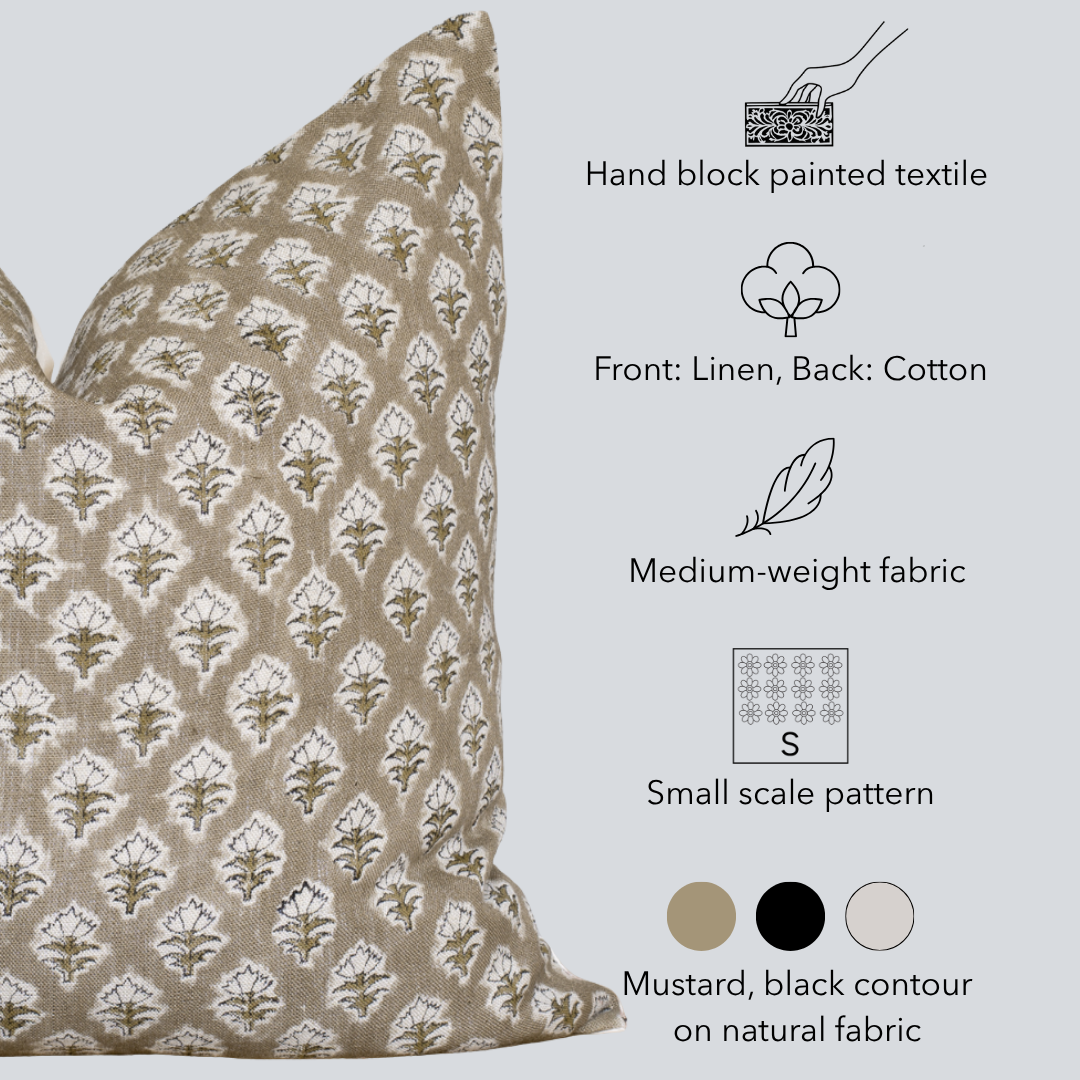 Rhea Floral Block Printed Pillow Cover | Mustard