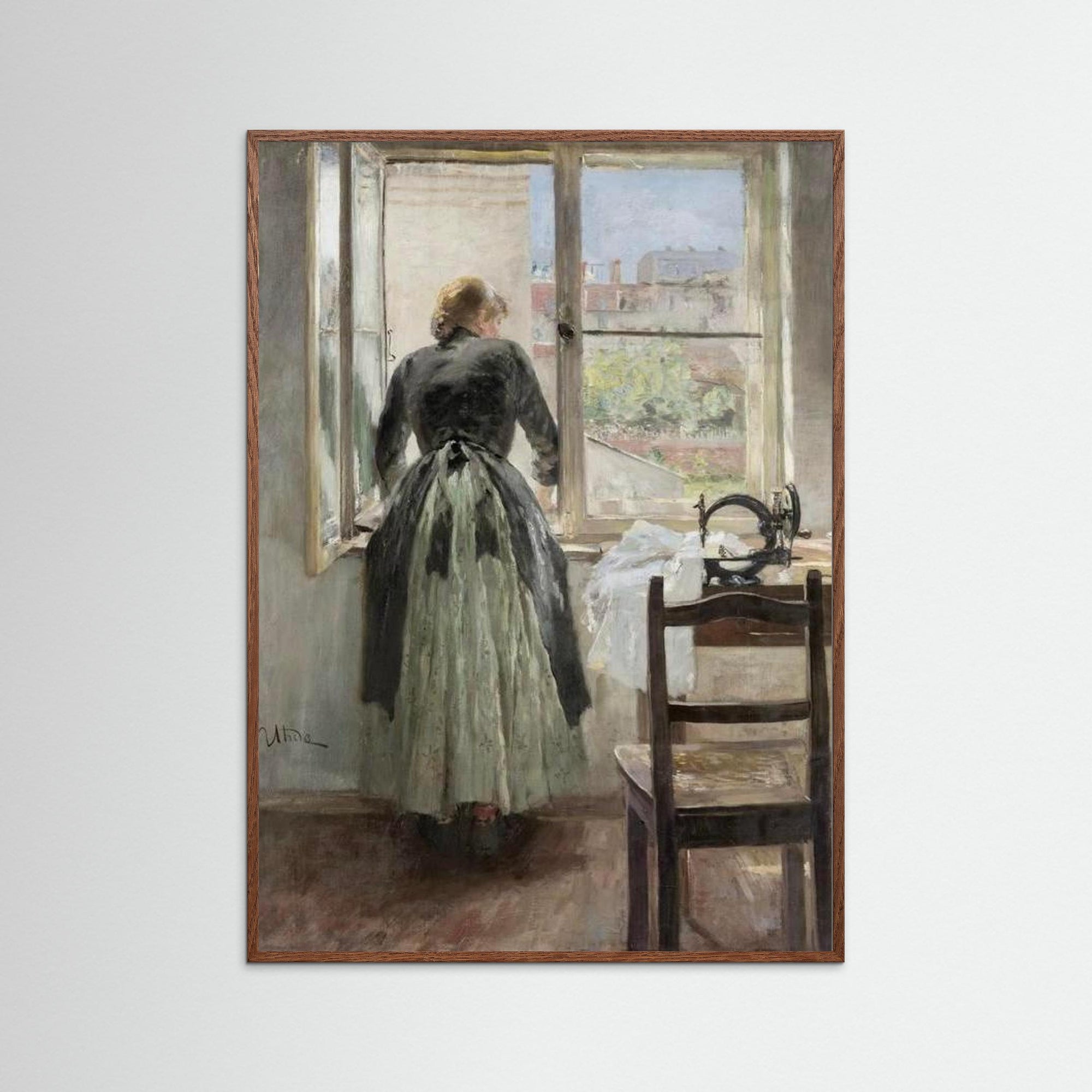 Seamstress by the Window Art Print Oak Dark No border