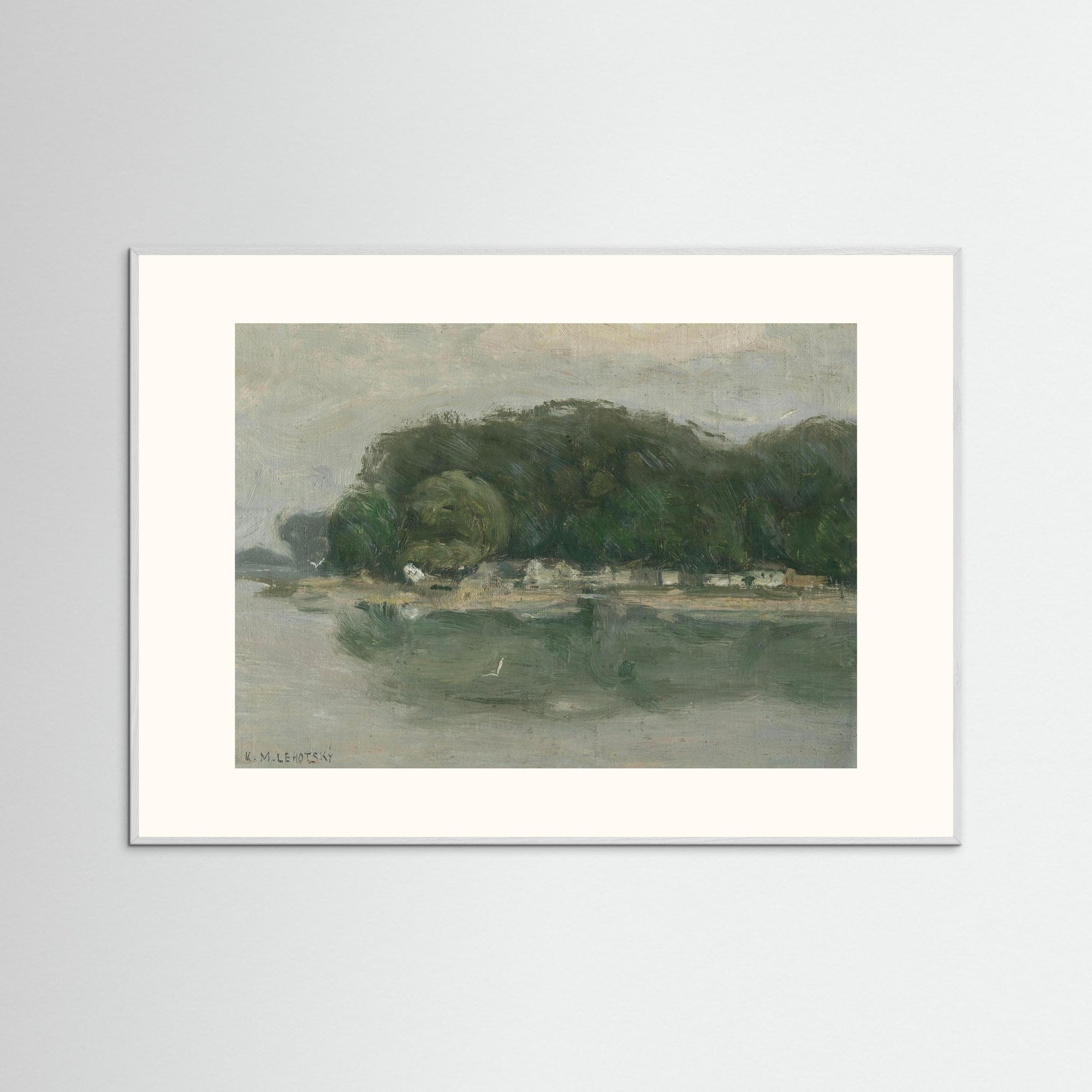 Vintage European Riverside Village Landscape Fine Art Print White Wood Freja