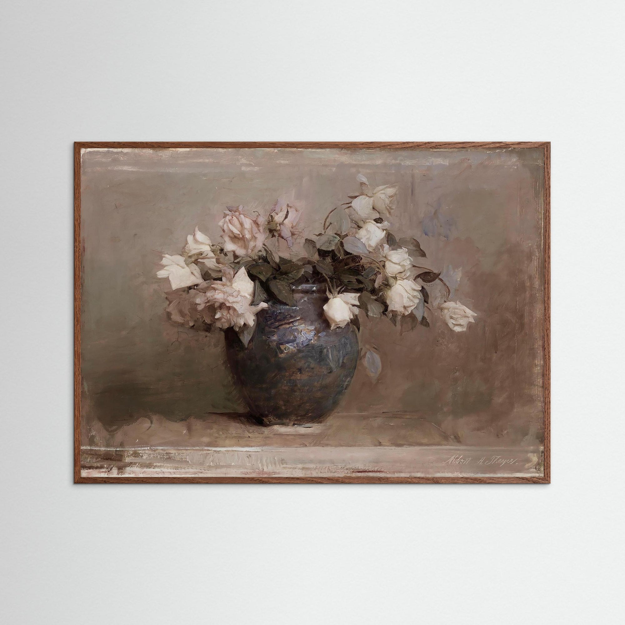 Vase of Roses Fine Art Print Oak Dark No border