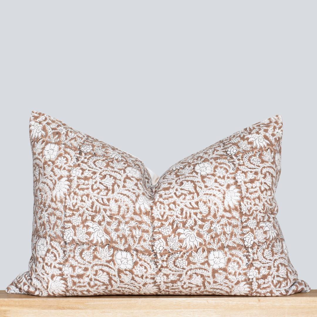 Nina Floral Block Printed Pillow Cover | Brown | Lumbar