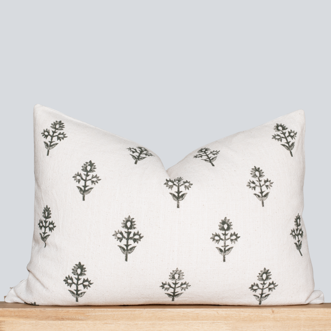 Mia Floral Block Printed Pillow Cover | Forest Green | Lumbar