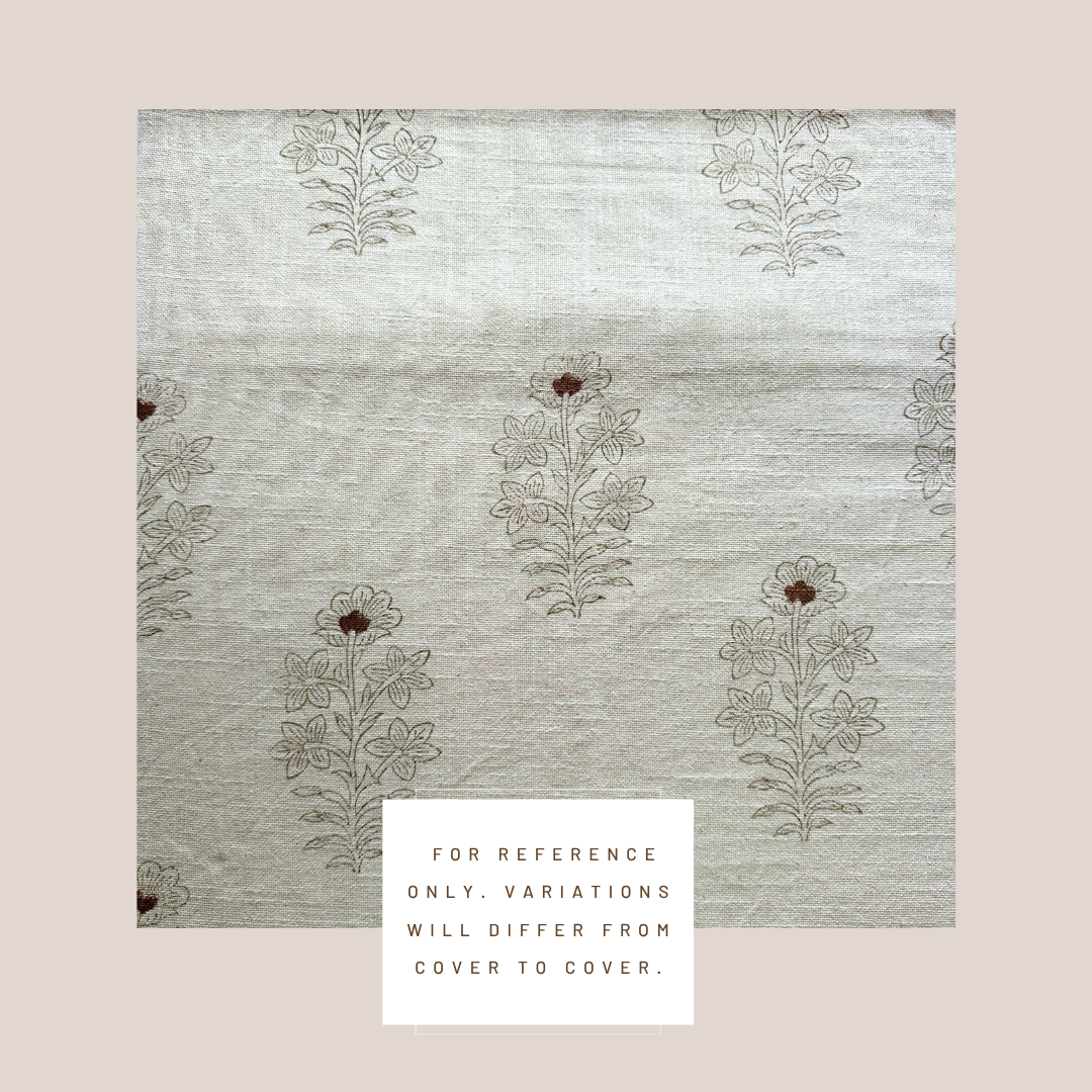 ** ARTISAN VARIATION ** Ella Floral Block Printed Pillow Cover | Light Brown + Terracotta Detail