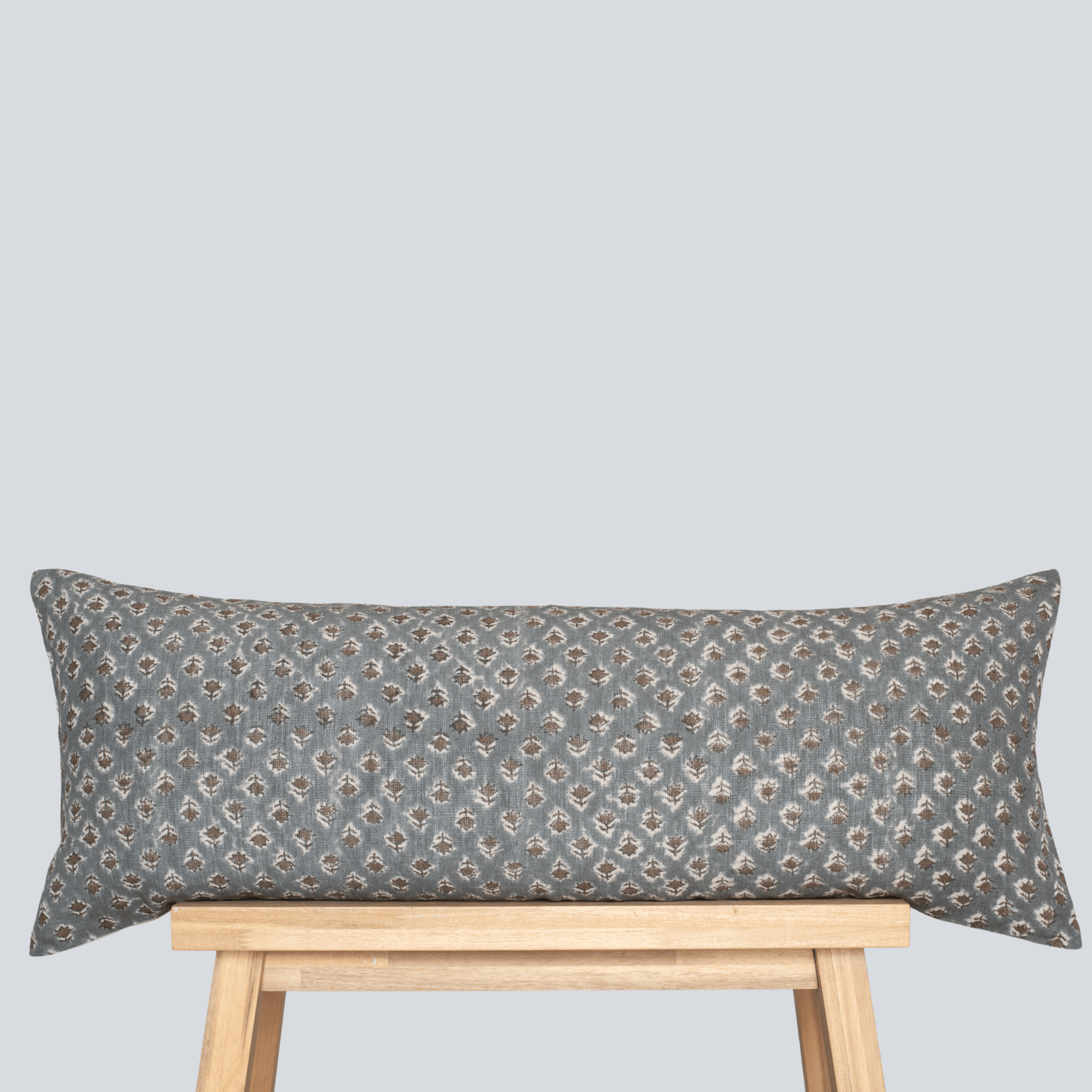 Aster Floral Block Printed Pillow Cover | Blue, Brown | Long Lumbar