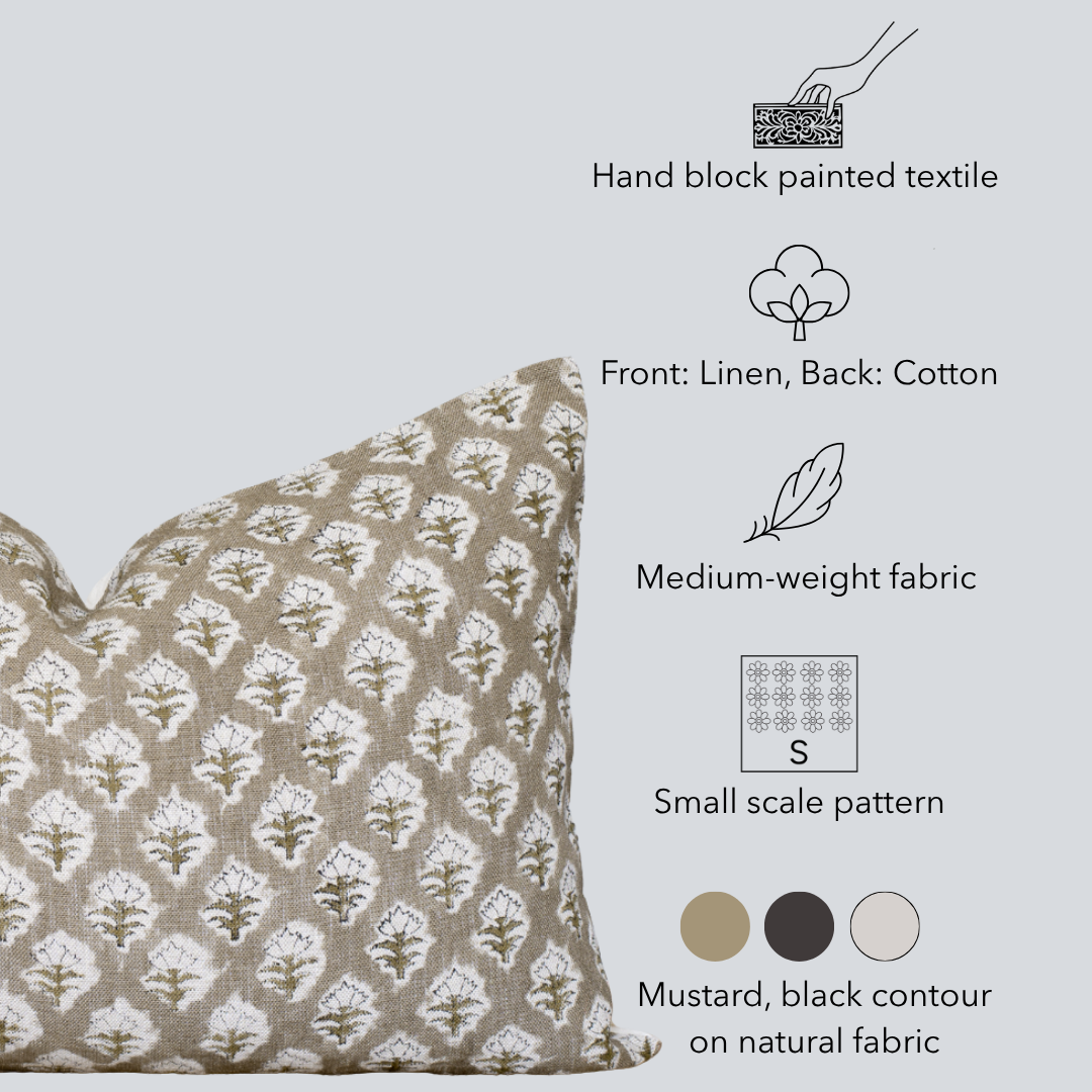 Rhea Floral Block Printed Pillow Cover | Mustard | Long Lumbar