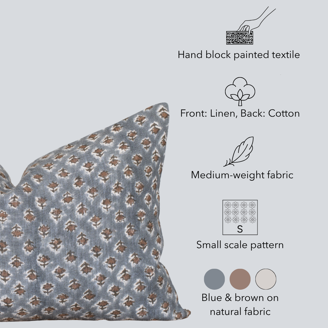 Aster Floral Block Printed Pillow Cover | Blue, Brown | Long Lumbar